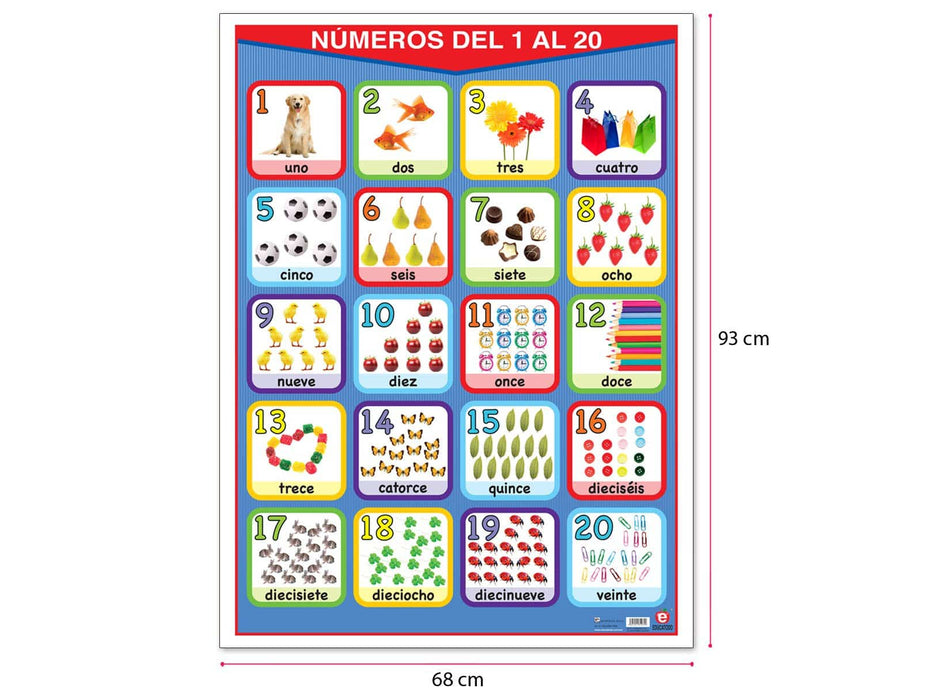 Póster Números del 1 al 20 Español/Inglés - Educatodo material didáctico y juegos educativos - Educatodo