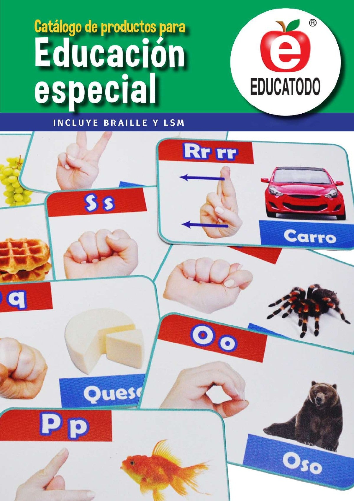 Portada del catálogo de Educación especial de Educatodo, con materiales de Braille y lengua de señas mexicana.